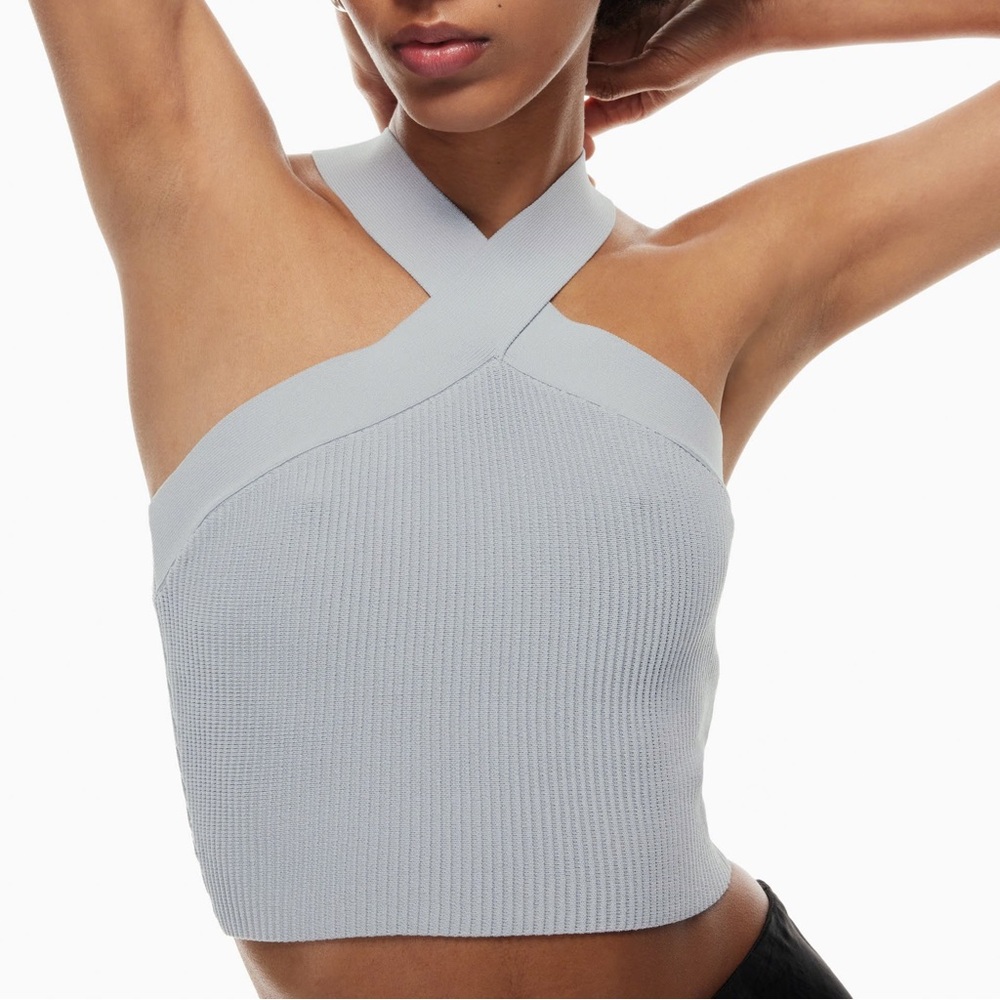 Aritzia Sculpt Knit Criss Cross Cropped Tank Cement Blue